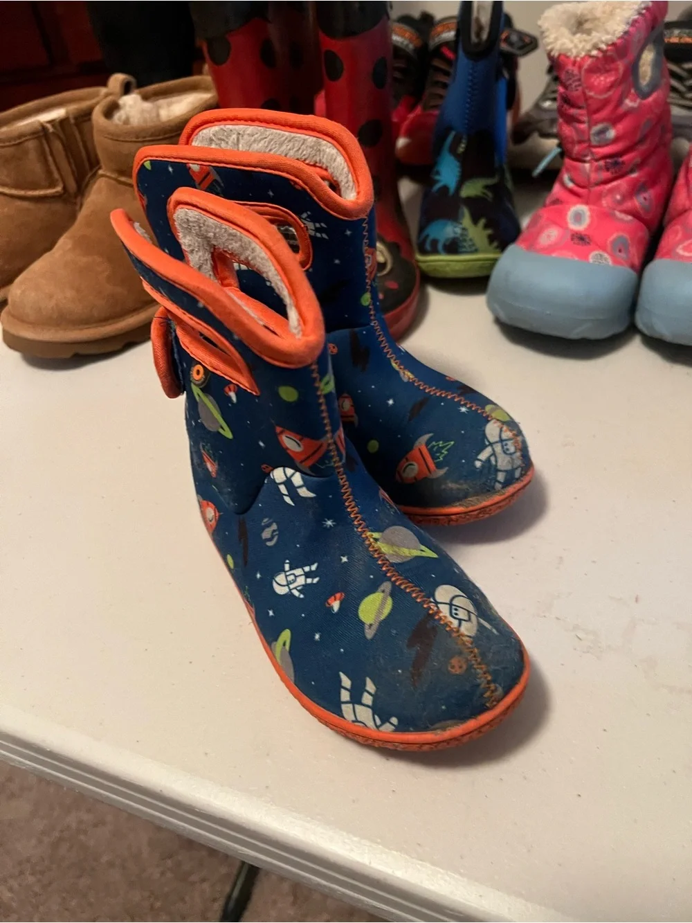 Bogs Kids Navy Space-Print Waterproof Boots with Orange Trim